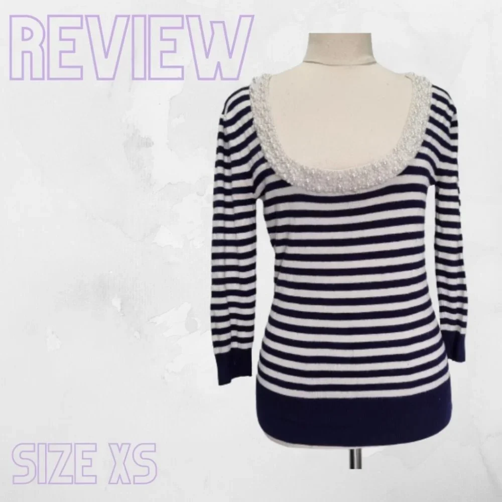 Review Blue & White Stripe Beaded Scoop Neck 3/4 Sleeve Jumper Size XS - Picture 1 of 7